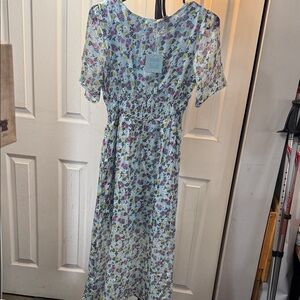 Hayden Light Blue Floral Midi Dress with Pink & Yellow Blossoms